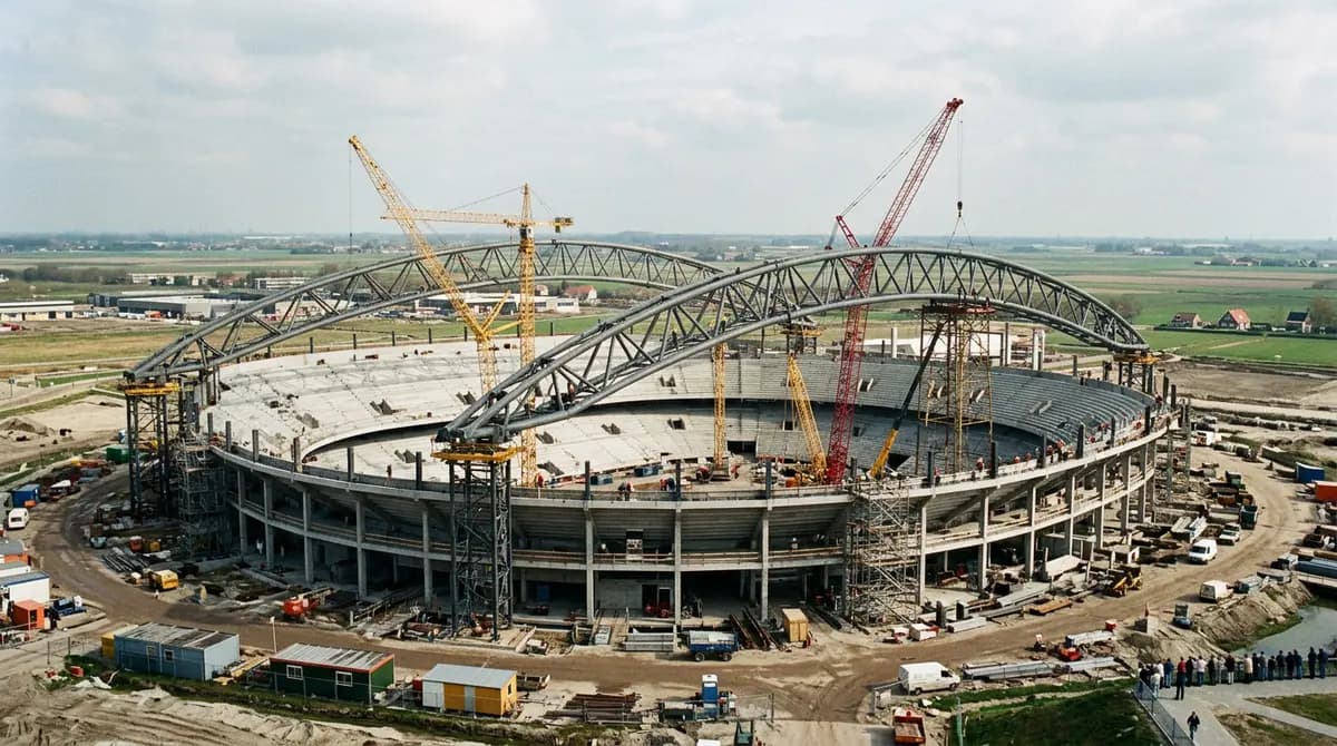 Johan Cruijff ArenA, 1995: Trusses for Europe's first retractable stadium roof go up.