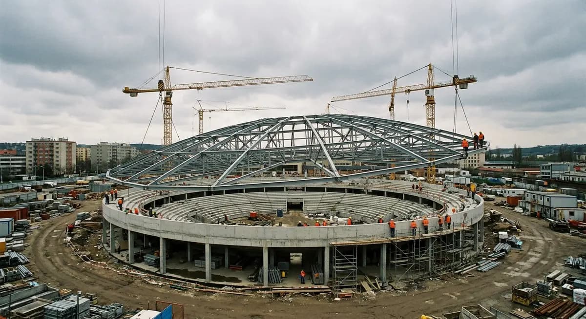 O2 arena Prague, 2003: The circular steel roof is lifted over the concrete ring in Libeň.