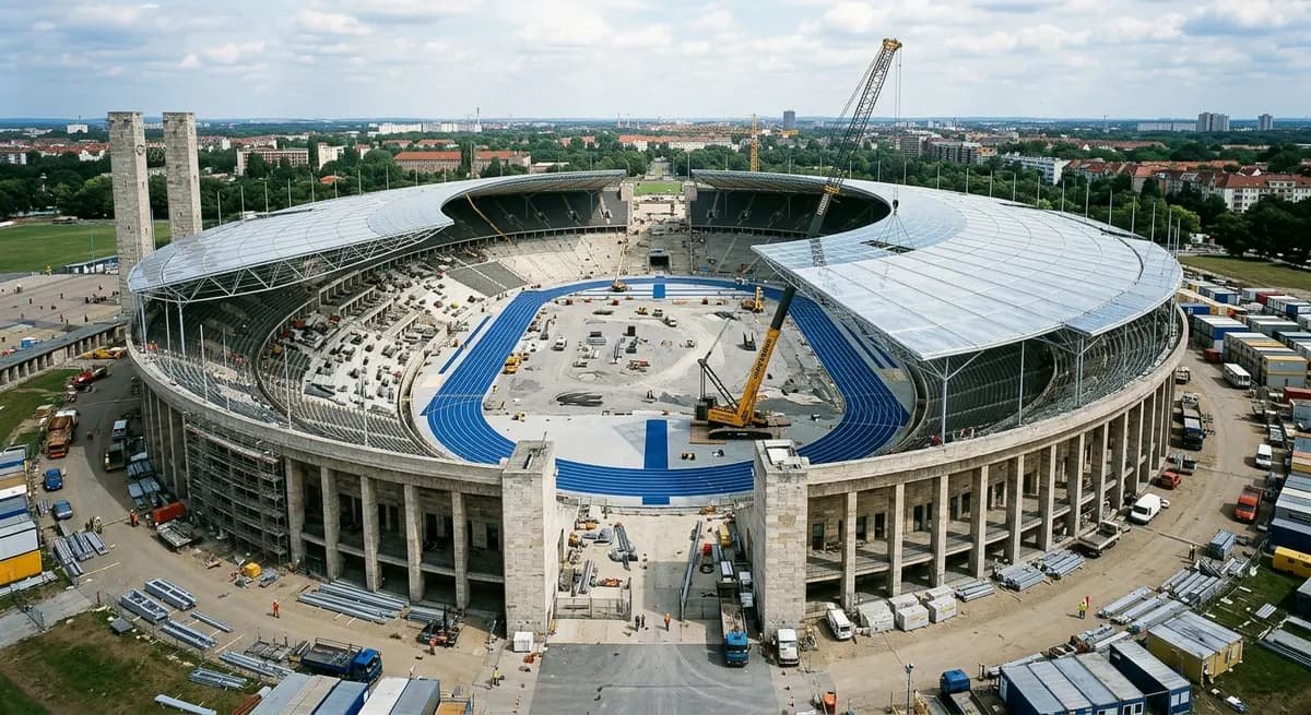 Olympiastadion Berlin, 2004: A four-year renovation adds the floating membrane roof and blue track.