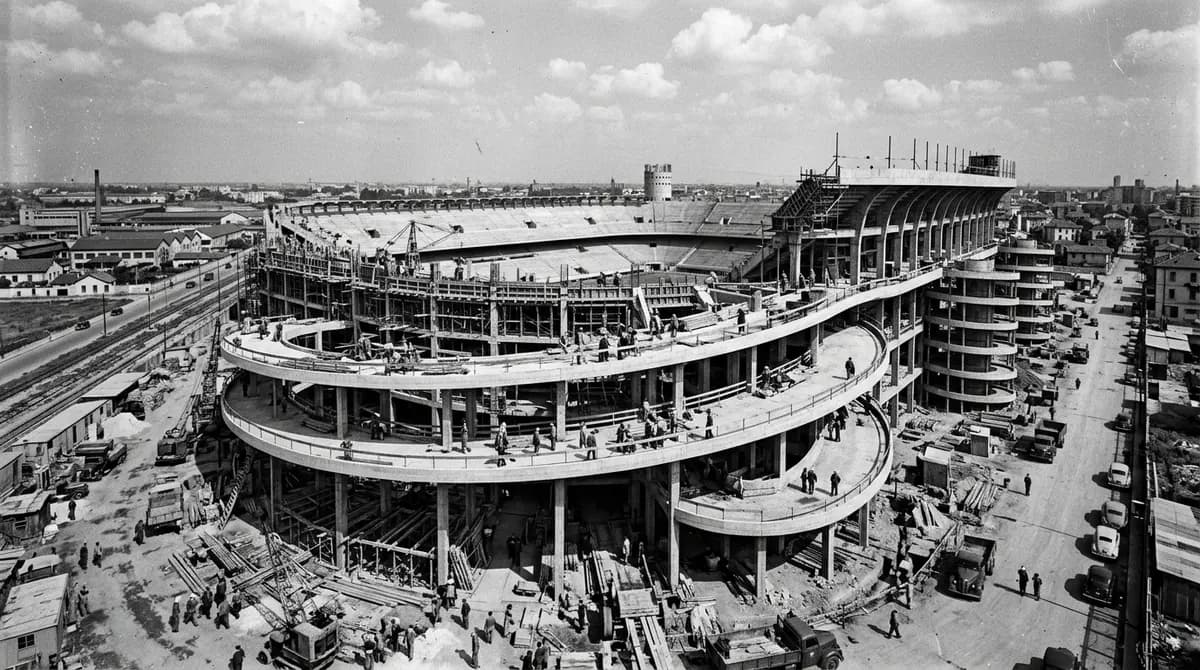 San Siro, 1955: The second tier and the famous spiral ramps are added.