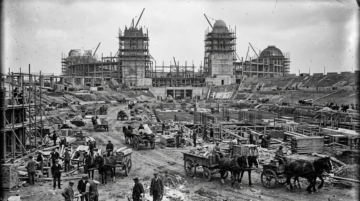 Wembley Stadium, 1923: The original Empire Stadium and its twin towers rise in under 300 days.