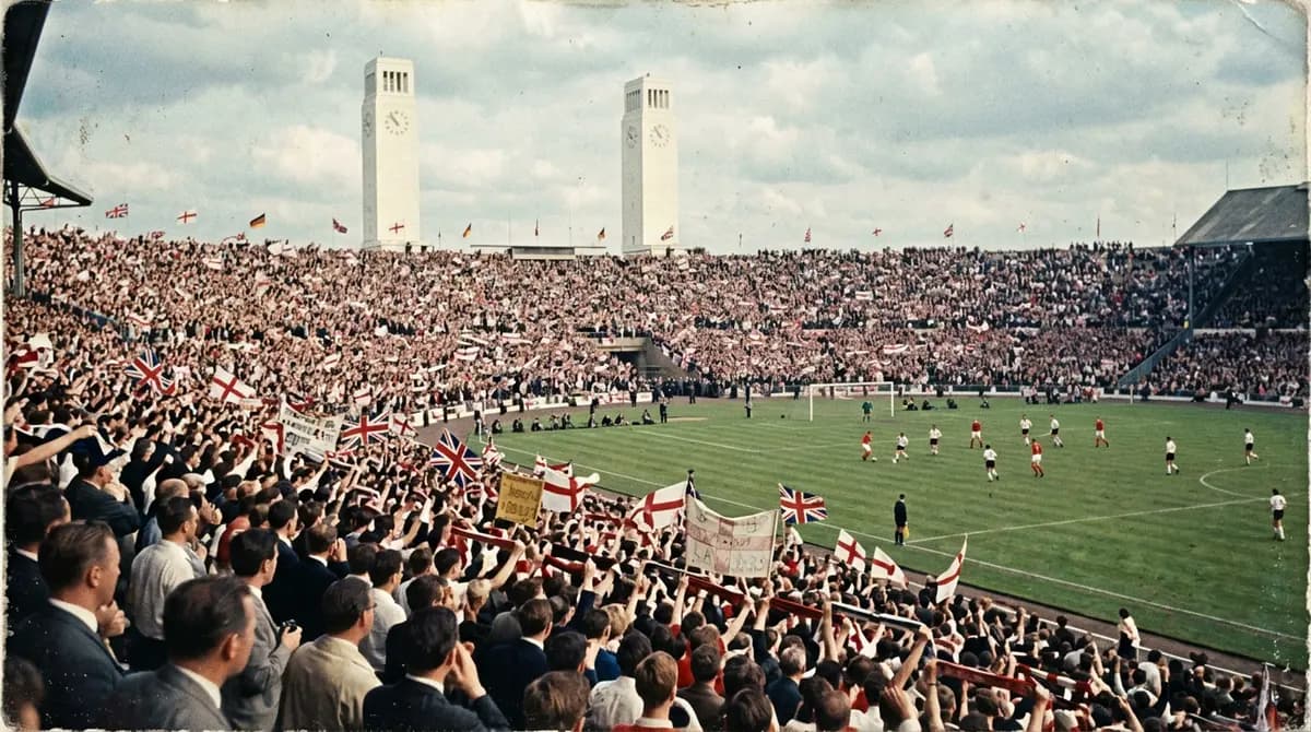 Wembley Stadium, 1966: England win the World Cup final under the twin towers.