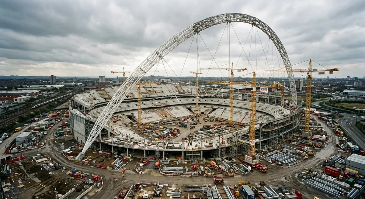 Wembley Stadium, 2006: The 133-metre arch goes up over the brand-new bowl.
